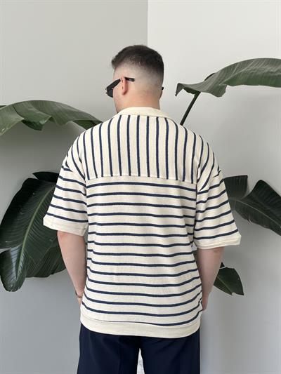 Oslo Lacivert Çizgili Polo Yaka Oversize T-shirt