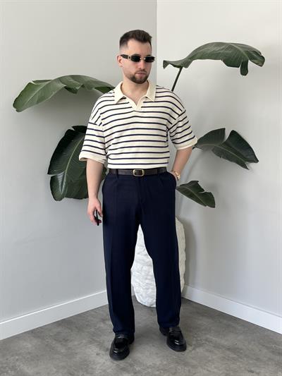 Oslo Lacivert Çizgili Polo Yaka Oversize T-shirt