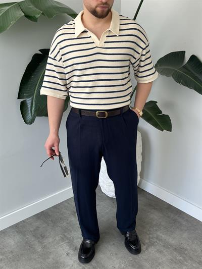 Oslo Lacivert Çizgili Polo Yaka Oversize T-shirt