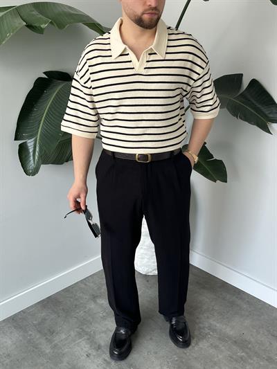 Oslo Siyah Çizgili Polo Yaka Oversize T-shirt