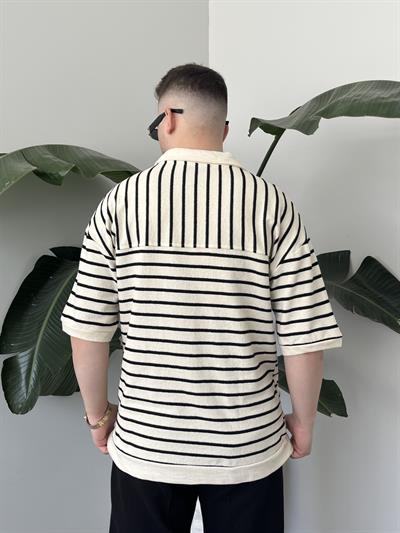 Oslo Siyah Çizgili Polo Yaka Oversize T-shirt