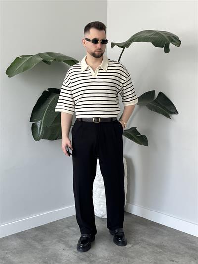 Oslo Siyah Çizgili Polo Yaka Oversize T-shirt
