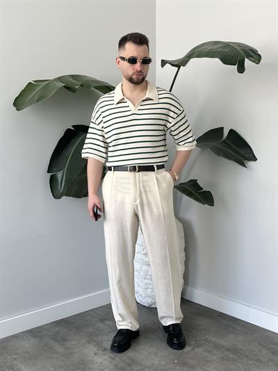 Oslo Zümrüt Çizgili Polo Yaka Oversize T-shirt