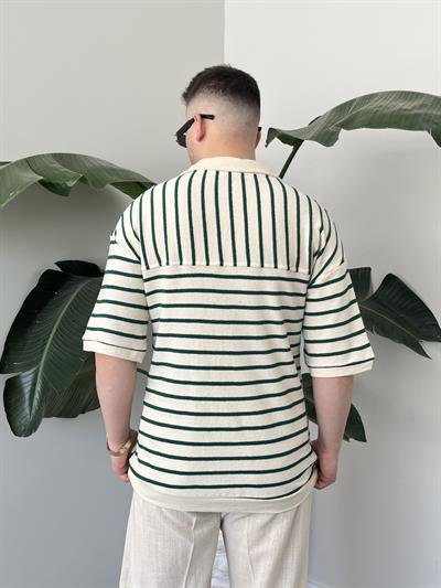 Oslo Zümrüt Çizgili Polo Yaka Oversize T-shirt