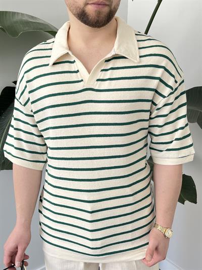 Oslo Zümrüt Çizgili Polo Yaka Oversize T-shirt