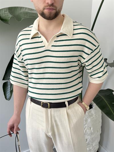 Oslo Zümrüt Çizgili Polo Yaka Oversize T-shirt