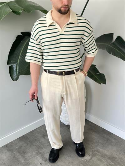 Oslo Zümrüt Çizgili Polo Yaka Oversize T-shirt