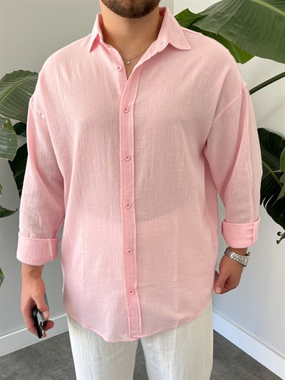 Pembe Krinkıl Oversize Gömlek