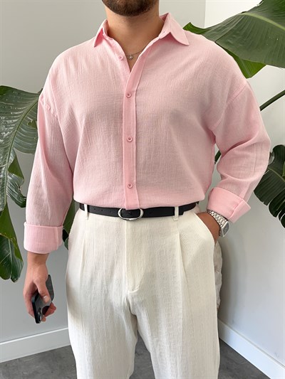 Pembe Krinkıl Oversize Gömlek