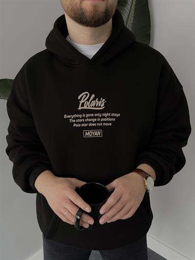 Polaris Baskılı Siyah Oversize Hoodie