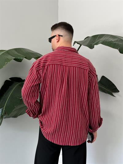 Ravel Bordo Çizgili Oversize Gömlek 