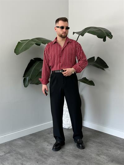Ravel Bordo Çizgili Oversize Gömlek 