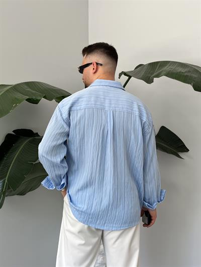 Ravel Buz Mavi Çizgili Oversize Gömlek 