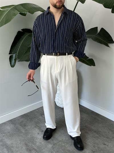 Ravel Lacivert Çizgili Oversize Gömlek 