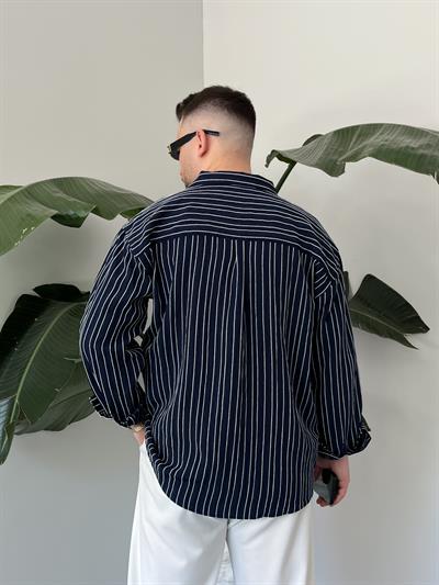 Ravel Lacivert Çizgili Oversize Gömlek 