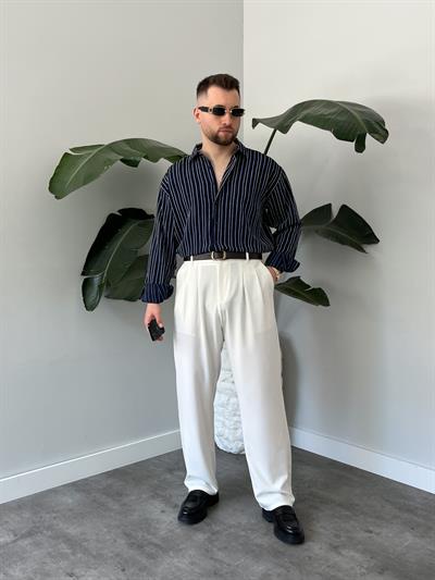 Ravel Lacivert Çizgili Oversize Gömlek 