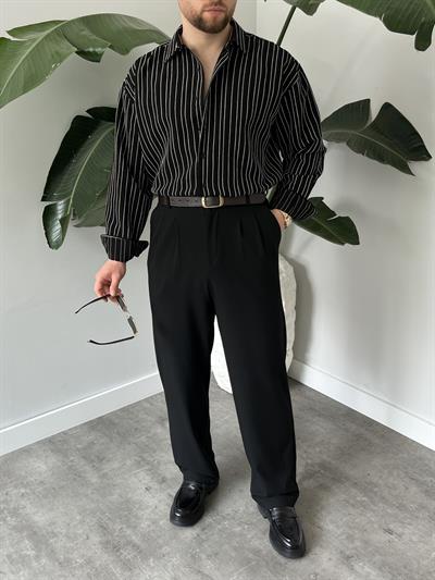 Ravel Siyah Çizgili Oversize Gömlek 