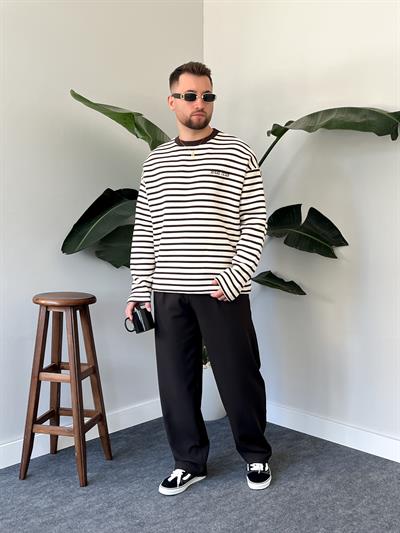 Royal Club Acı Kahve Çizgili Üç İplik Şardonlu Sweatshirt