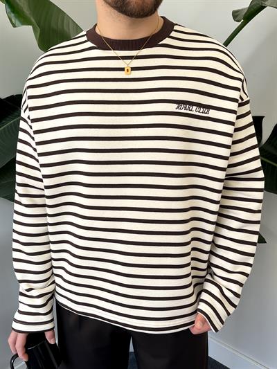 Royal Club Acı Kahve Çizgili Üç İplik Şardonlu Sweatshirt