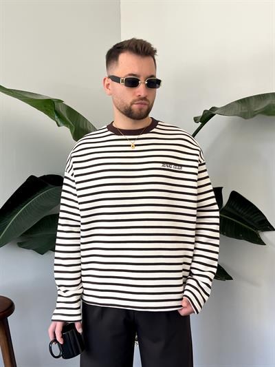 Royal Club Acı Kahve Çizgili Üç İplik Şardonlu Sweatshirt