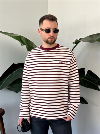 Royal Club Bordo Çizgili Üç İplik Şardonlu Sweatshirt