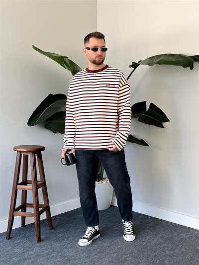 Royal Club Bordo Çizgili Üç İplik Şardonlu Sweatshirt