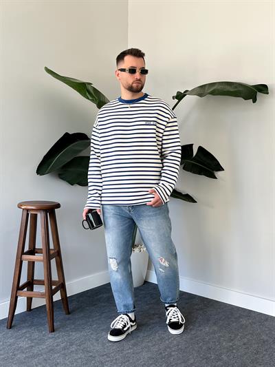 Royal Club Mavi Çizgili Üç İplik Şardonlu Sweatshirt 