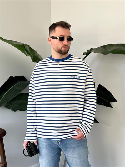 Royal Club Mavi Çizgili Üç İplik Şardonlu Sweatshirt 