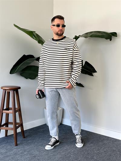 Royal Club Siyah Çizgili Üç İplik Şardonlu Sweatshirt