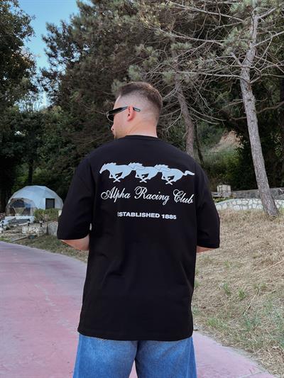Siyah Alpha Racing Baskılı Oversize T-shirt
