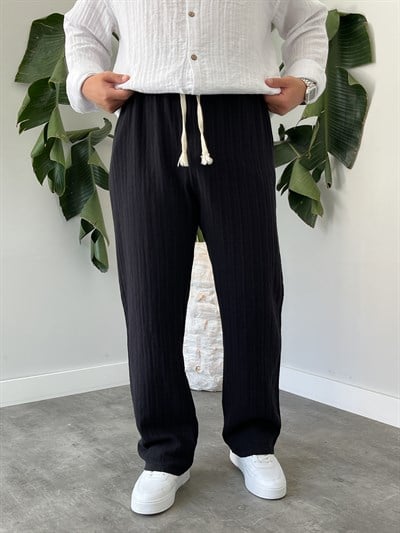 Siyah Armürlü Müslin Baggy Pantolon