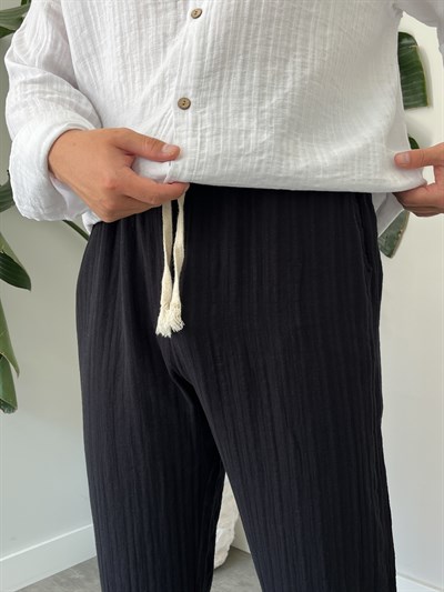 Siyah Armürlü Müslin Baggy Pantolon