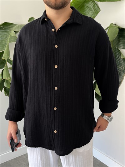 Siyah Armürlü Müslin Oversize Gömlek