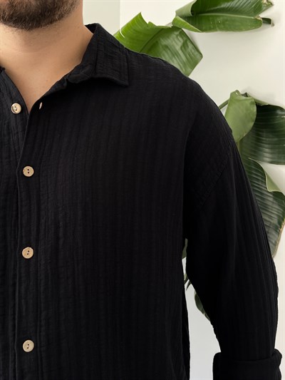 Siyah Armürlü Müslin Oversize Gömlek