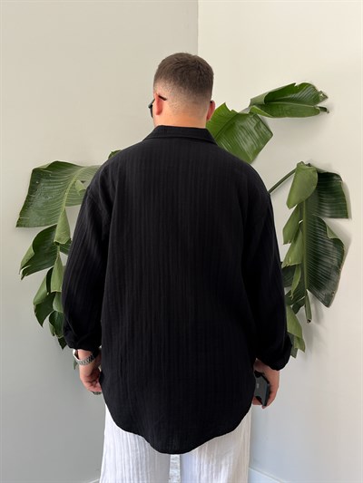Siyah Armürlü Müslin Oversize Gömlek