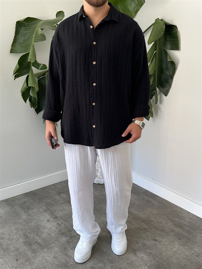 Siyah Armürlü Müslin Oversize Gömlek