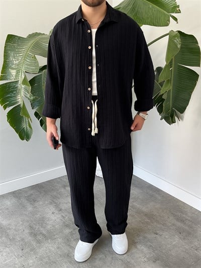 Siyah Armürlü Müslin Oversize Takım
