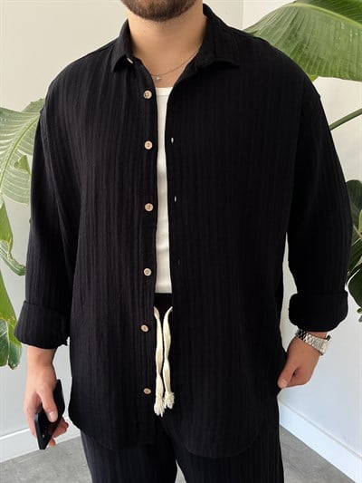 Siyah Armürlü Müslin Oversize Takım