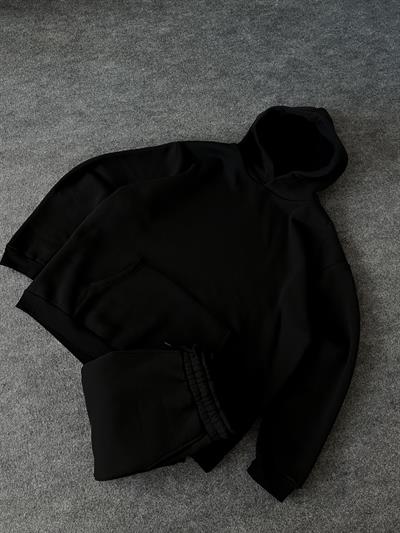 Siyah Basic Dolgulu Oversize Eşofman Takım