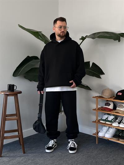 Siyah Basic Dolgulu Oversize Eşofman Takım