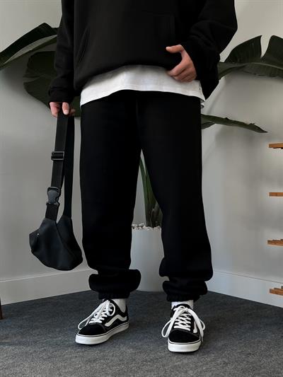 Siyah Basic Dolgulu Oversize Eşofman Takım