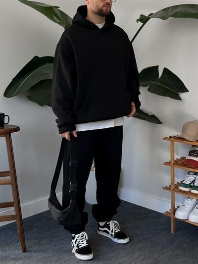 Siyah Basic Dolgulu Oversize Eşofman Takım