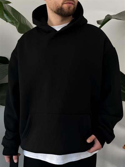 Siyah Basic Dolgulu Oversize Eşofman Takım