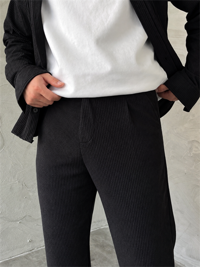 Siyah Boxy Fit Fitilli Kadife Takım