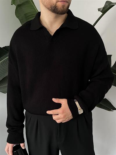 Siyah Casual Polo Yaka Kazak
