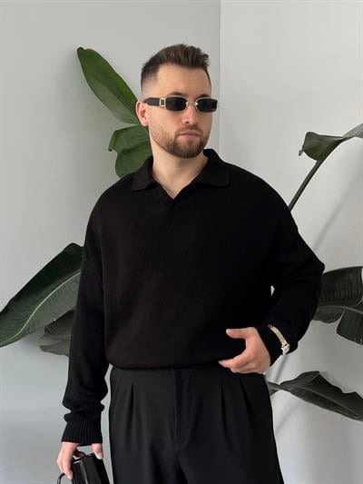Siyah Casual Polo Yaka Kazak