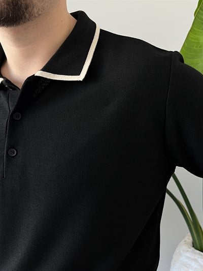 Siyah Çizgi Detay Polo Yaka Triko T-shirt