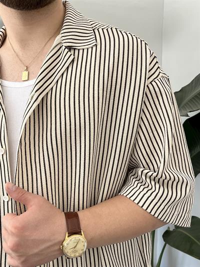 Siyah Çizgili Etamin Keten Oversize Gömlek
