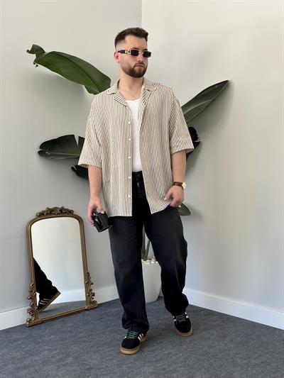 Siyah Çizgili Etamin Keten Oversize Gömlek