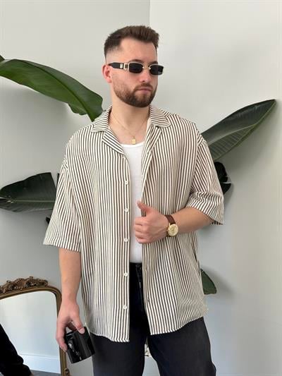 Siyah Çizgili Etamin Keten Oversize Gömlek